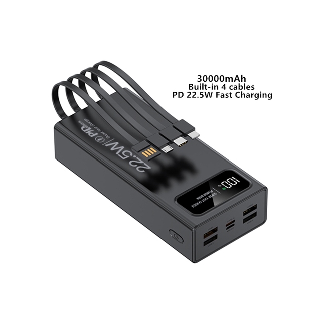 Original 30000mAh Power Bank with Built-in 4 Cables PD 22.5w Fast Charging LED Digital Display 4 USB Type-C Multi Port