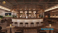 Concept de design d'intérieur pour pub et restaurant : comptoir de bar lounge en bois style speakeasy, ensemble table et chaises classiques pour salle de jeux de pub