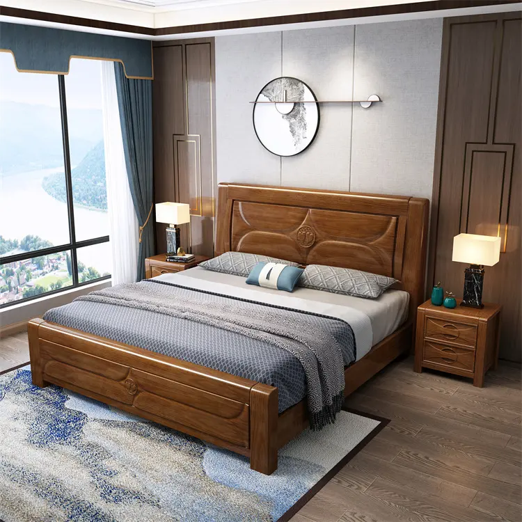 Factory made modern wooden bed whole set bedroom use furniture wooden double bed