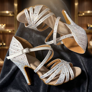 Chaussures de danse latine/salsa pour femmes en satin avec strass et lanières croisées, talon de 7,5 cm, semelle en cuir véritable, professionnelles de haute qualité - Product Image 3