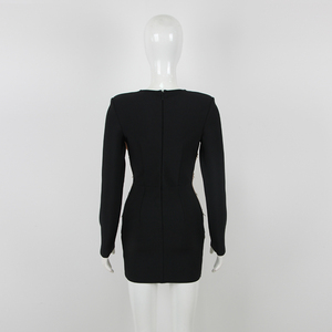 Elegante Abito <span class=keywords><strong>Nero</strong></span> Aderente da Donna, Sexy, a Maniche Lunghe, con Patchwork e Scollo a V Profondo, Decorato con Strass, per Club - Product Image 5