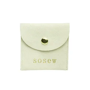 SoSew Custom Logo Beige Cream Suede Jewelry Bag Snap Button Closure Microfiber Jewelry Pouch with Divider