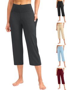 Pantalon Capri Taille Haute Femme Couleur Unie Respirant Tricoté avec Poches Style Décontracté Été Longueur Mollet Coupe Droite - Product Image 1