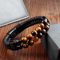 Bracelet pour homme en cuir de vachette noir, cordon double couche, acier inoxydable 316, fait main, multi-couches tressées, cuir véritable OEM