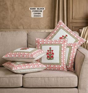 Hand Block <b>Printed</b> Cotton <b>Cushion</b> Cover 24x24 Inch – Traditional Floral Decorative Pillow Cover - Product Image 1