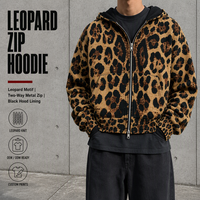 Sweat-shirt à capuche entièrement zippé Custom Atelier Marron 400 g/m² avec motif léopard, fermeture éclair métallique bidirectionnelle, doublure de capuche noire, style streetwear, OEM ODM