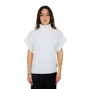 Pull à col roulé pour femme, crème, manches courtes, tricoté, décontracté - Product Image 1