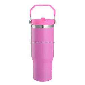Botella de agua con vaso de 30oz de pajita con tapa <span class=keywords><strong>rosa</strong></span> fuerte flamenco <span class=keywords><strong>Camelia</strong></span> grabado con láser recubierto de polvo de 20oz - Product Image 1