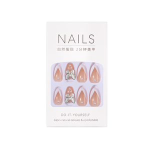 24 Pezzi Unghie Finte Lunghe a Stiletto/Coffin, Nude French, con Strass a Farfalla in Cristallo, Riutilizzabili in ABS - Product Image 5