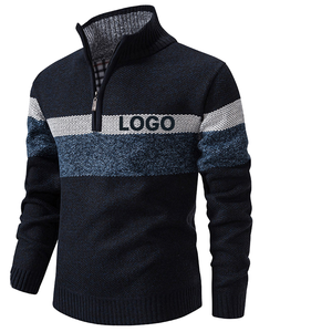 Pull en maille pour homme avec fermeture éclair 1/4, logo rayé sur le devant, pull d'hiver à manches longues, épaisseur standard, matière acrylique - Product Image 1