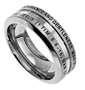 Yiwu Aceon Acero inoxidable MAN of GOD Christian Bible Verse dos filas estampado Centro ranurado Timothy True Love Waits Ring - Product Image 3