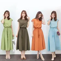 Robe décontractée pour femmes d'été, col rond, manches courtes, mi-longue, avec cordon de serrage, élégante, en coton et lin