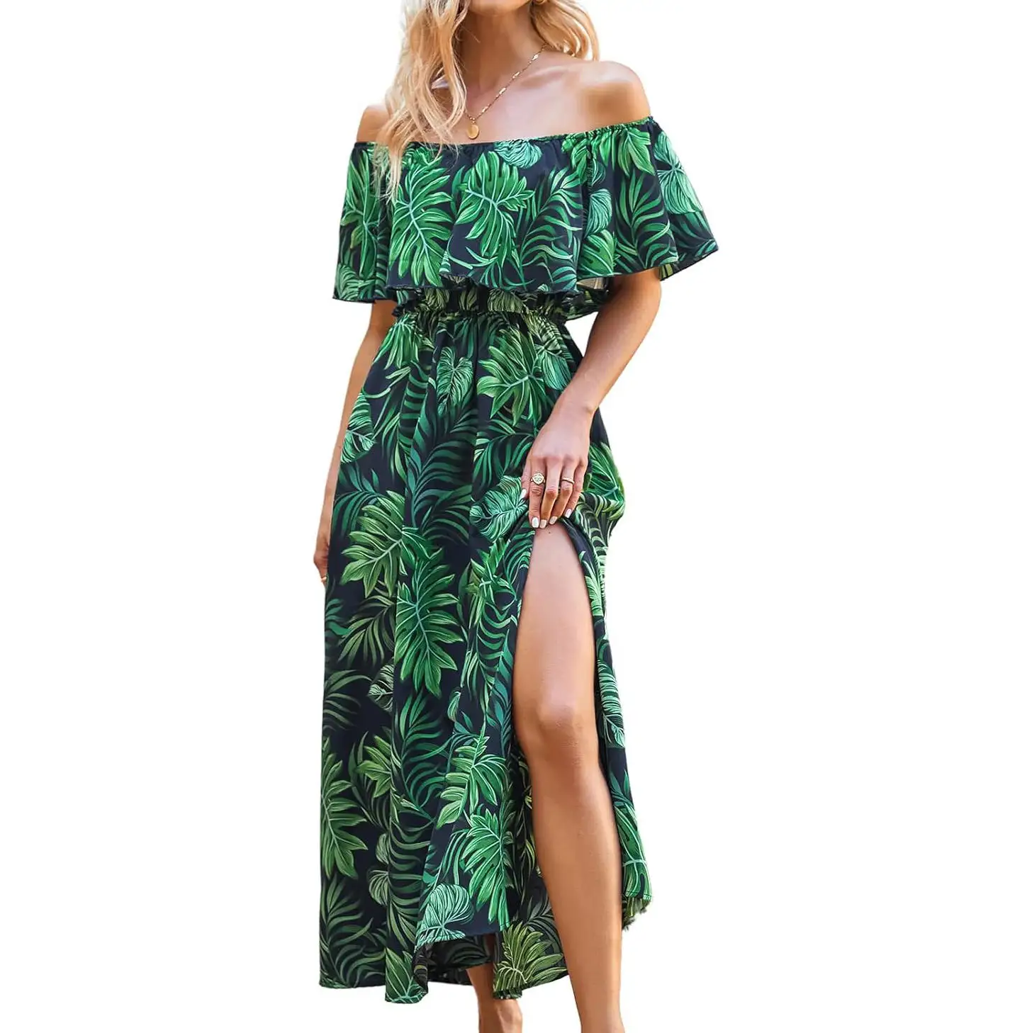 Vestido de praia longo com babado para mulheres, moda de férias com gola de fora e ombro, maxi, estampado tropical, ideal para praia, verão