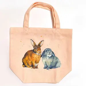 Light Orange Customize Reusable 23.5*21cm Digital Printing Two Rabbits Polyester Shopping Tote Bag
