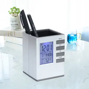Creative Fancy Multi functional Office Digital Snooze Function Electronic Calendar Alarm Pen Holder Clock