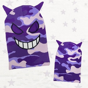 Masque facial intégral pour homme, hiver, violet, mignon, jacquard, camouflage, tricoté, avec cornes - Product Image 3