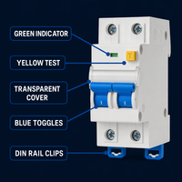 Wanbo-377 2P C16 400V RCBO avec couvercle transparent et bouton de réinitialisation pour la protection contre les fuites, les surcharges et les courts-circuits