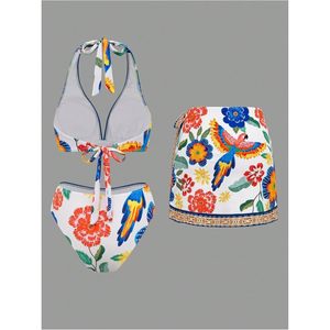 Ensemble de bikini 3 pièces pour femmes, imprimé floral tropical, maillot de bain triangle à bretelles, avec jupe de plage enveloppante - Product Image 3