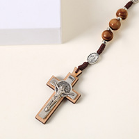 Collier Chapelet Catholique Perles 10mm Croix de Prière Jérusalem Bijoux en Bois Faits à la Main Transfrontaliers