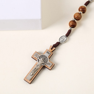 <span class=keywords><strong>Collana</strong></span> <span class=keywords><strong>Rosario</strong></span> Cattolico con Perline da 10mm Croce di Preghiera Gerusalemme Gioiello in Legno Intrecciato a Mano per Esportazione - Product Image 3