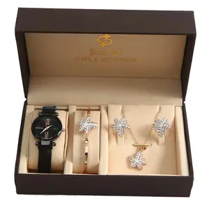 ชุดของขวัญ2024สำหรับผู้หญิงพร้อมนาฬิกาควอตซ์ + สร้อยข้อมือ + สร้อยคอ + ต่างหูเม็ดกลม
