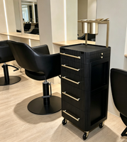 Chariot de Salon de Luxe à 5 Tiroirs avec Support Doré pour Sèche-Cheveux et Plateau Latéral Extensible, Rangement Mobile à Roulettes pour Outils de Salon de Coiffure