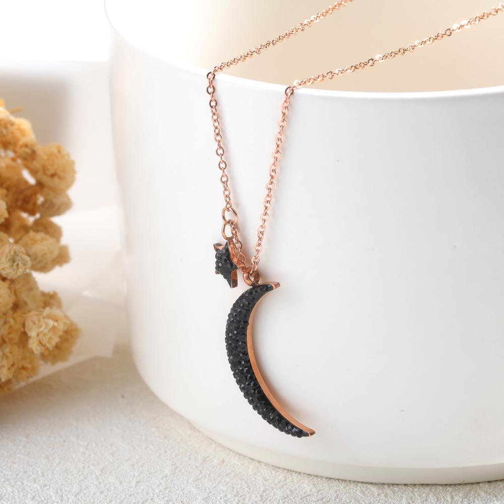 Collar de estrella de luna de circón negro de joyería femenina de acero inoxidable popular /