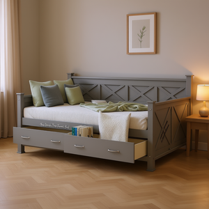 Lit de repos double moderne avec 2 grands tiroirs, cadre en forme de X, lit gris, construction en bois massif - Product Image 2