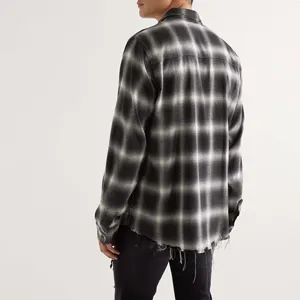사용자 정의 플란넬 셔츠 원시 가장자리 긴 소매 면화 고민 패션 격자 무늬 재킷 버튼 다운 격자 무늬 플란넬 셔츠