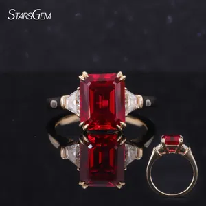 Emerald cut lab grown ruby blood red gemstones 14k yellow gold starsgem customize ring jewelry for wedding