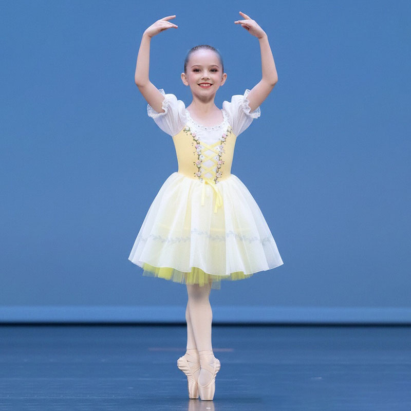 slim fit dress slacks kids toddlers Yellow embroidered Ballerina ballet dance dresses for girls  flat tutu skirts pancake ballet dance skirt – Moderndancedress.com main image 1