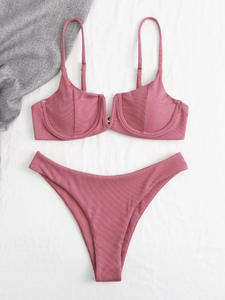 11colors Sexy Ribbed Underwire <strong>Bikini</strong> Women Solid V-bra Push Up Padded Two-piece <strong>Bikini</strong> Set High Cut Bathing Suit <strong>Thong</strong> <strong>Swimsuit</strong> - Product Image 3