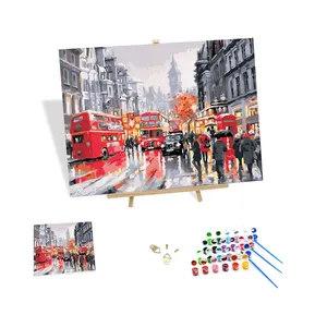 Hot Sale Painting by Numbers British Street Red Bus and Pedestrian in Rainy Diy Scenery Oil Painting for Home Art Decorations