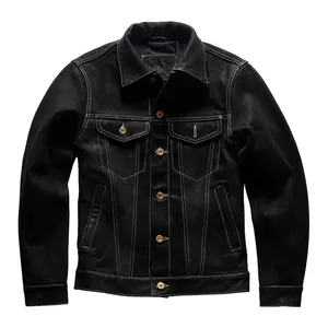 Custom Turn-down Collar Men Cowhide Leather Jacket Frosted Oil Wax Factory Direct Supply Casual Denim Leather Coat