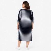 Robe midi décontractée à col bateau et manches 3/4 en coton rayé breton 240 GSM, style chic français, grandes tailles 1X-5X, OEM