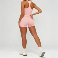 Ensemble de sport et yoga 2 pièces pour femme GH Factory – Color Block avec logo frontal, Spandex/Nylon, haute extensibilité, shorts de gym et de course brossés