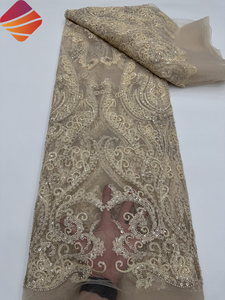 Tela de Encaje Africana de Alta Calidad 2026, con Cuentas Nigerianas y <span class=keywords><strong>Lentejuelas</strong></span> Bordadas, Tela de Tul con Cuentas de Lujo para Vestidos de Novia - Product Image 2