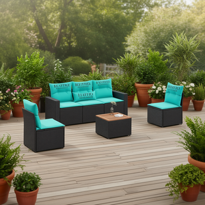 ชุดโซฟาหวายสังเคราะห์สีดำพร้อมเบาะรองนั่ง เฟอร์นิเจอร์กลางแจ้ง สำหรับ 6 ที่นั่ง ดีไซน์ร่วมสมัยทันสมัย - Product Image 2