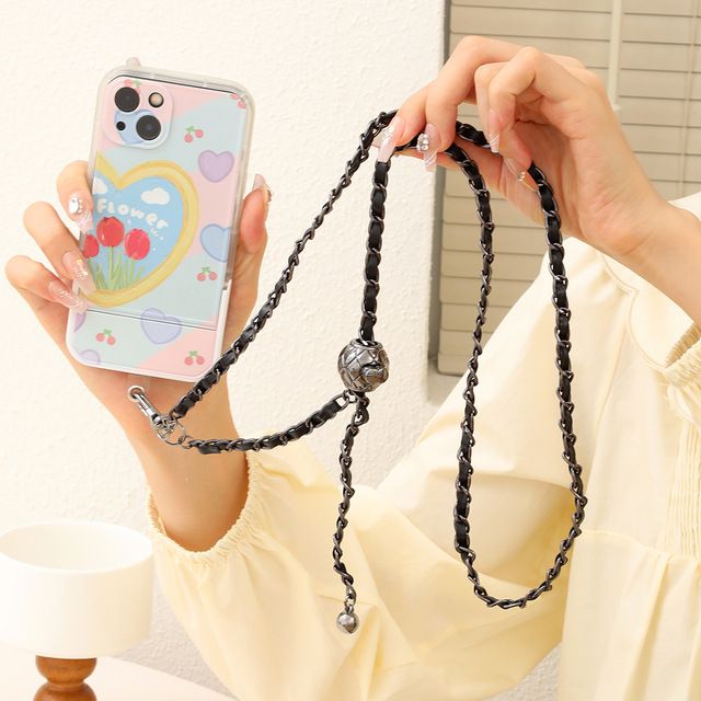 Gold Leather Phone Case Crossbody Lanyard Chain Strap Necklace Cellphone Case Long Fashion Adjustable Mobile Phone Strap Chain