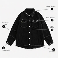 Veste de printemps pour homme en coton 100% noir à bords effilochés avec détails boutonnés, motif de dessin animé, coupe-vent et imperméable pour le streetwear