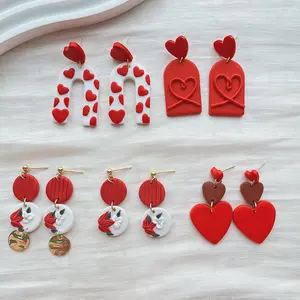 2024 Valentine's Day Handmade Flowers Love Heart Polymer Clay Earrings Plated Heart Shape Stud Earrings For Women Ladies