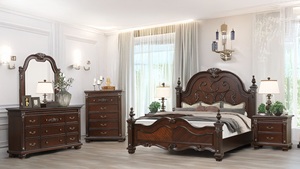 Ensemble de meubles de chambre à coucher classique américain en bois foncé sculpté - Lit à baldaquin orné, commode, table de chevet et coffre avec un style vintage complexe - Product Image 6
