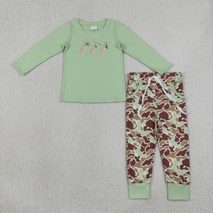 Vêtements de Noël pour enfants, ensemble chemise à rayures brodée avec un chien et pantalon rouge pour bébés garçons - Product Image 3