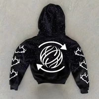 Sweat à capuche zippé en coton surdimensionné personnalisé, broderie vieillie printemps, style streetwear, court, avec strass, pour homme