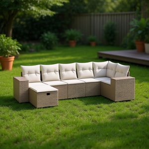 Ensemble de canapés modulaires de jardin en polyrotin beige, mobilier d'extérieur, design contemporain, résistant à l'eau - Product Image 2