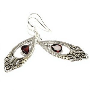 Excellentes boucles d'oreilles pendantes en argent sterling 925, forme poire, grenat, motif floral, style bohème, pour mariage, unisexe - Product Image 3