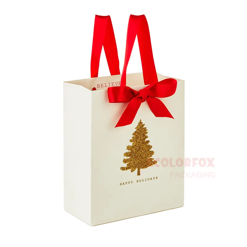 ブティックペーパークラフトギフトバッグ蝶ネクタイリボンハンドル付きゴールドとホワイトのクリスマスギフトペーパーバッグ