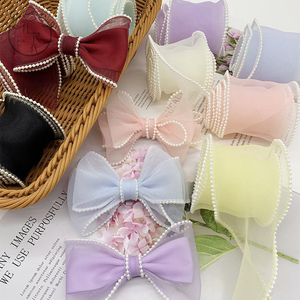 โบว์ผูกผมแบบถักลายดอกไม้สีรุ้ง DIY ริบบิ้นลายคลื่นตกแต่งวันเกิด ขนาด 4 ซม. ริบบิ้นโพลีเอสเตอร์ตาข่ายมุกประดับดอกไม้ - Product Image 3