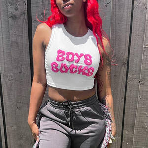 خطابات فروي مضلع تانك قمم المحاصيل النساء س الرقبة بلا أكمام ضئيلة Y2K الشارع الشهير أزياء تيشيرتات سترات الصيف المحملات - Product Image 2