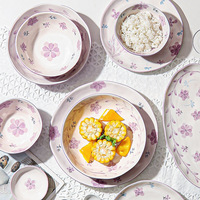Ensemble de bols et d'assiettes en céramique de style rétro, luxe léger, adapté au micro-ondes, vente en gros, vaisselle violette, assiette à riz